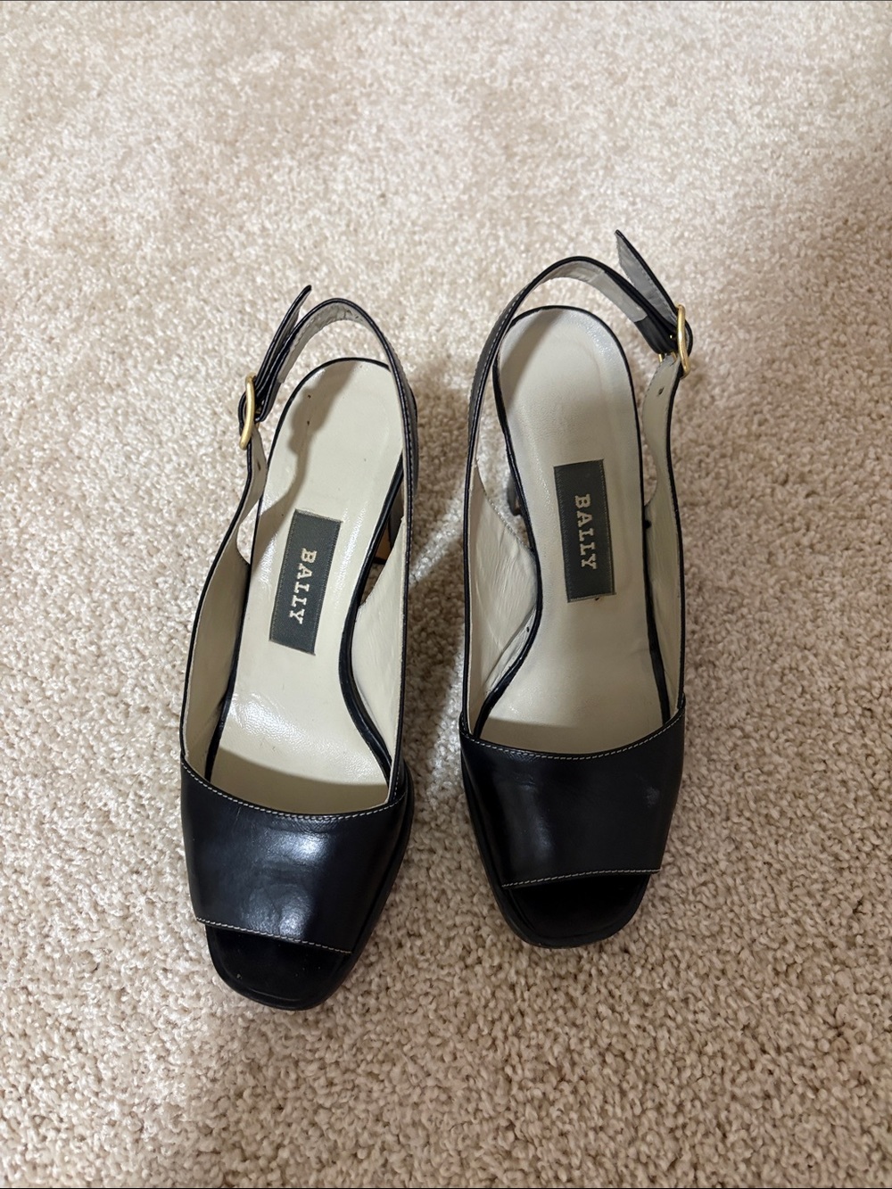 Bally Black Leather Peep-Toe Slingback Heels with Gold Buckle